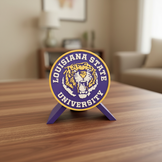 LSU Tigers purple and gold 3D printed tribute display plaque with built-in stand on desk