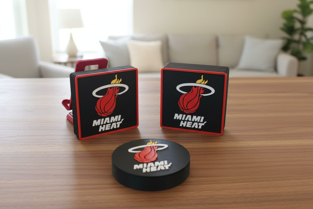 3D printed Miami Heat inspired logo decorative plaque with built in stand for desk display