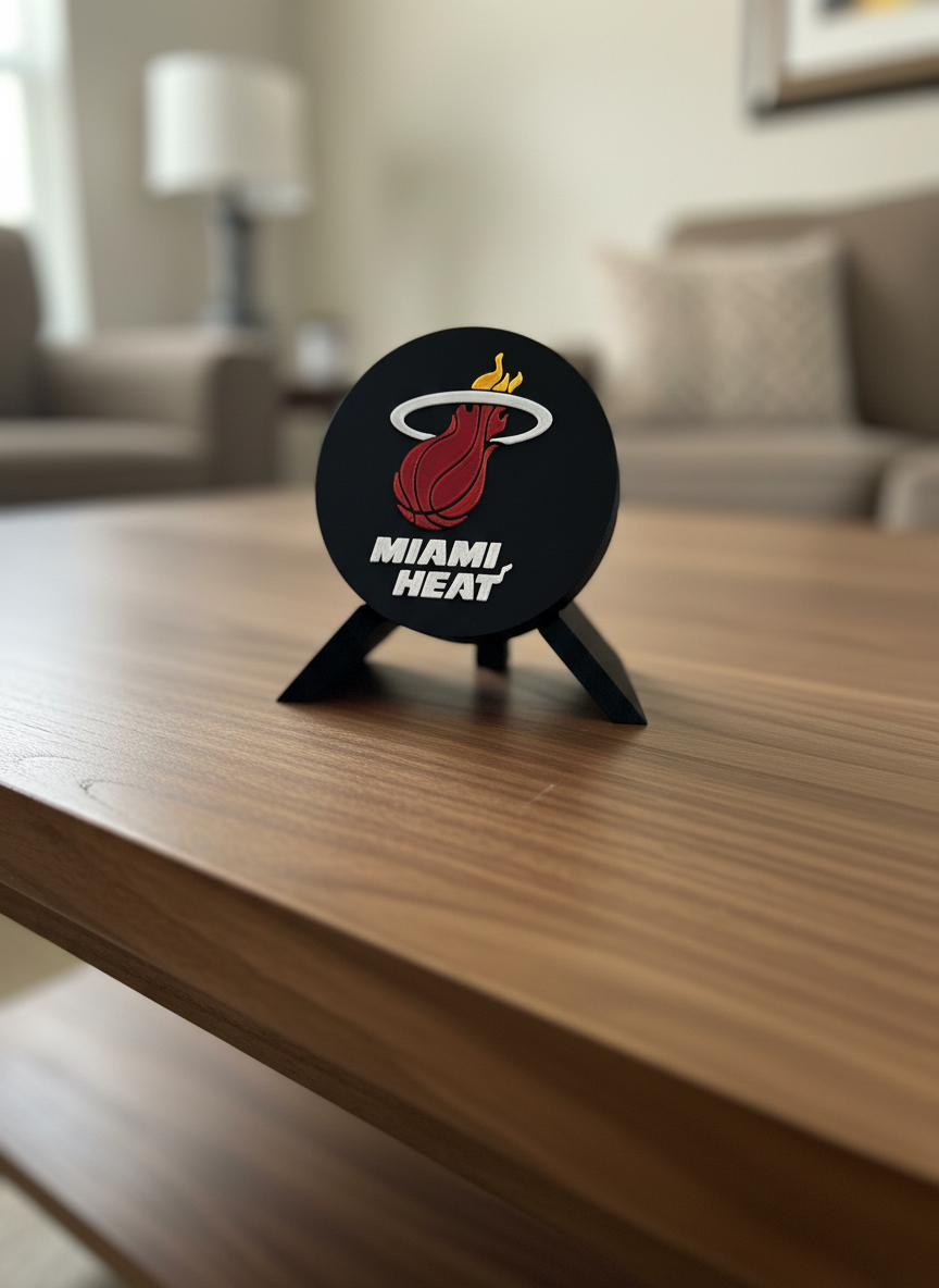 Miami Heat inspired 3D printed decorative plaque with flaming basketball logo in team colors on desk stand