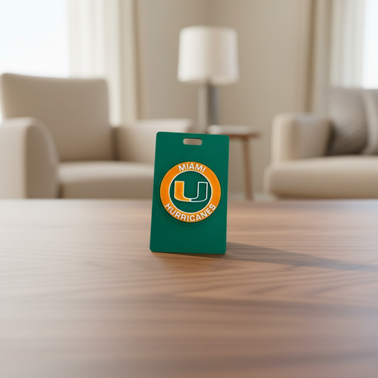Miami Hurricanes 3D printed display plaque in green and orange with built-in desk stand