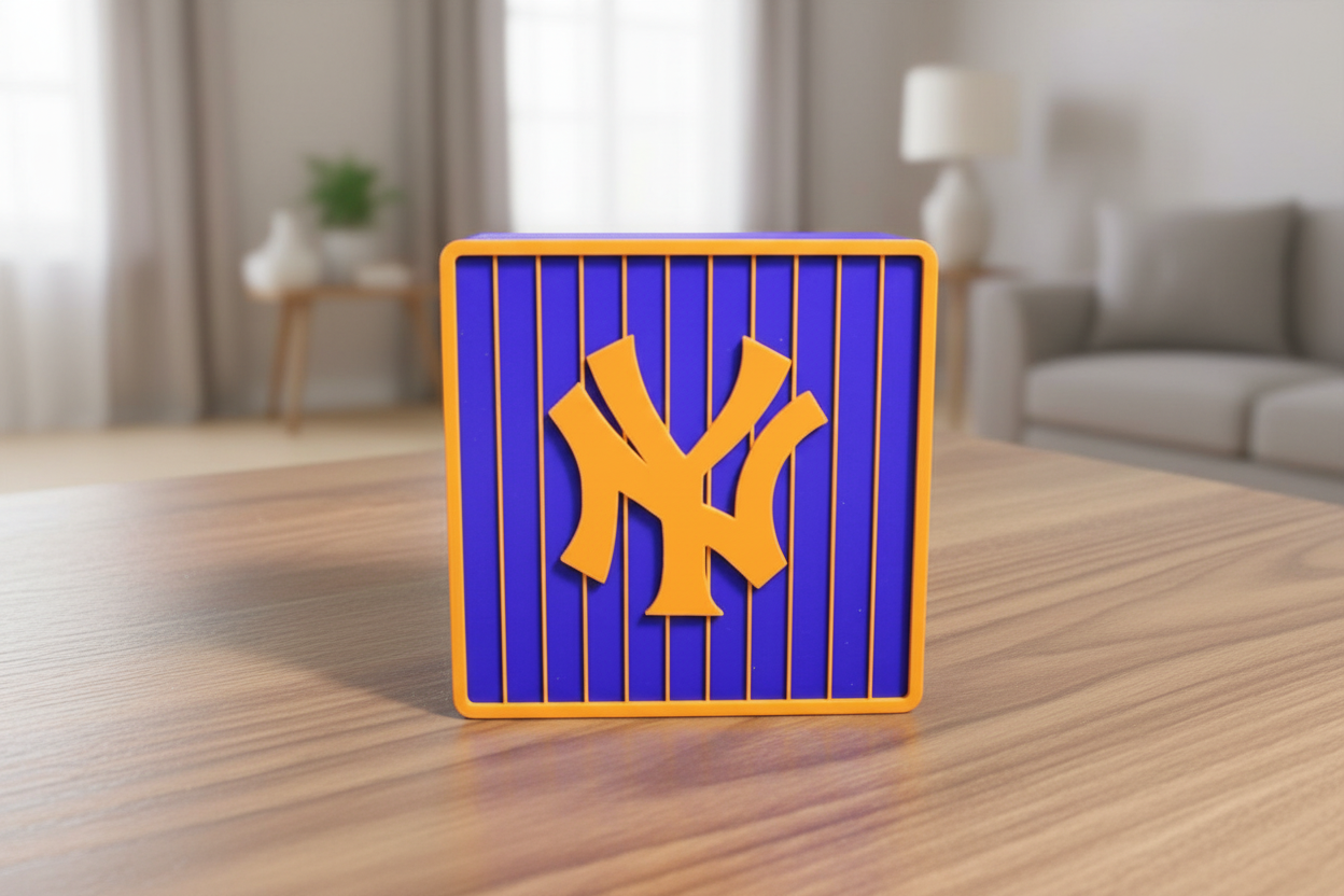 NY Yankees orange and blue fusion 3D printed decorative plaque with team crest on desk stand