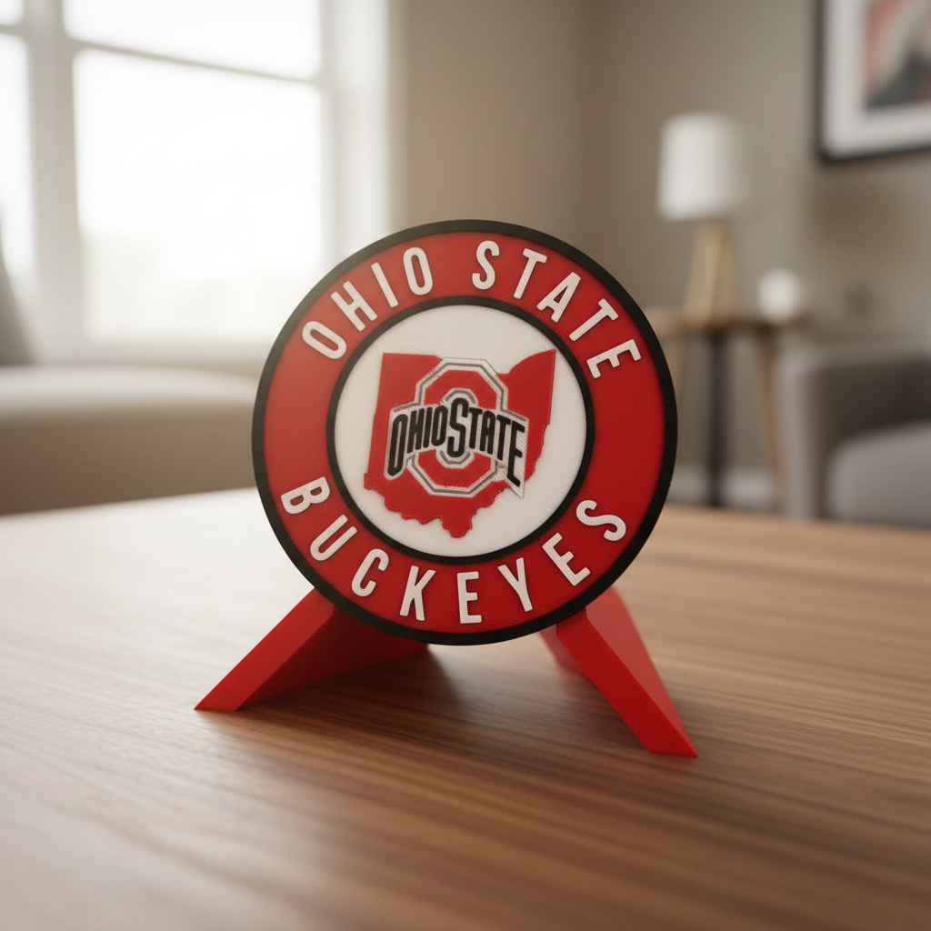 Ohio State Buckeyes 3D printed decorative plaque with scarlet gray team colors and built in desk stand