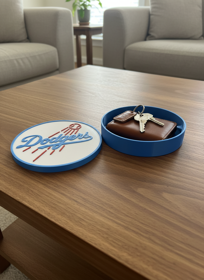 LA Dodgers 3D decorative box (open, no stand) on a walnut coffee table with leather wallet and keys inside — used as catch-all