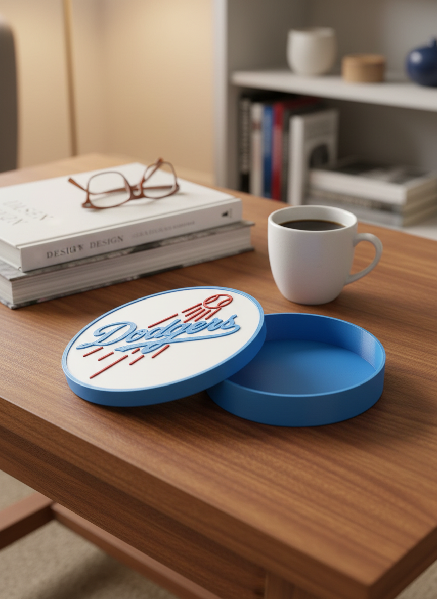 LA Dodgers 3D decorative box (open, no stand) on a walnut coffee table with books, reading glasses and coffee — workspace lifestyle