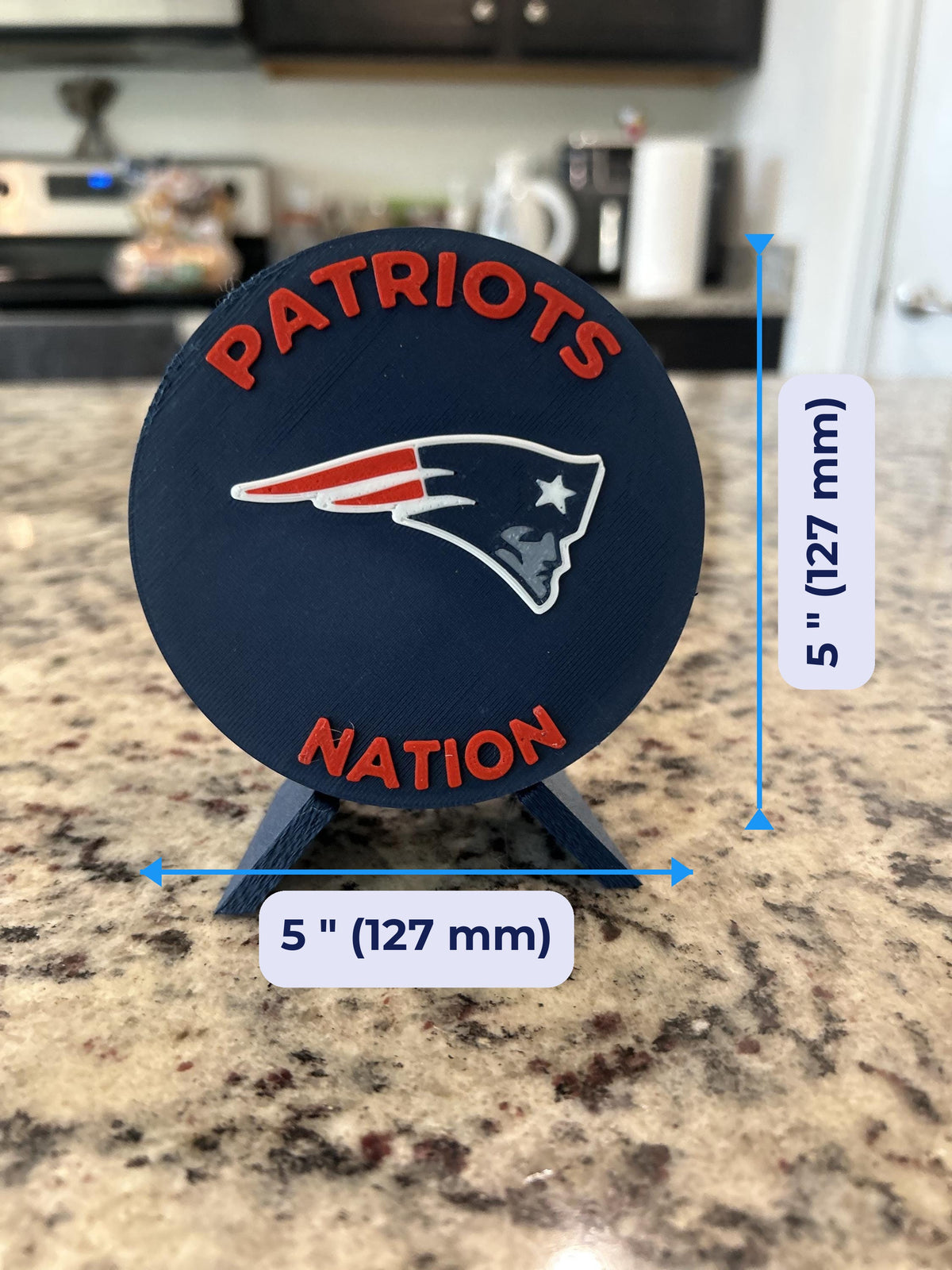 New England Patriots 3D printed display size guide — 5 inch (127 mm) diameter, made in USA