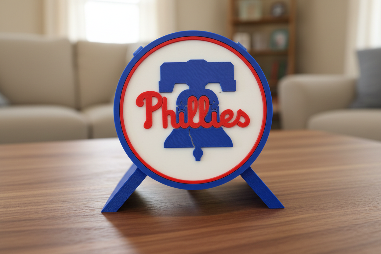 Philadelphia Phillies 3D printed decorative plaque with team colors sitting on desk stand