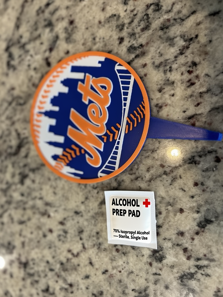 Mets cake topper with a sealed alcohol prep pad — wipe the spike before inserting into cake