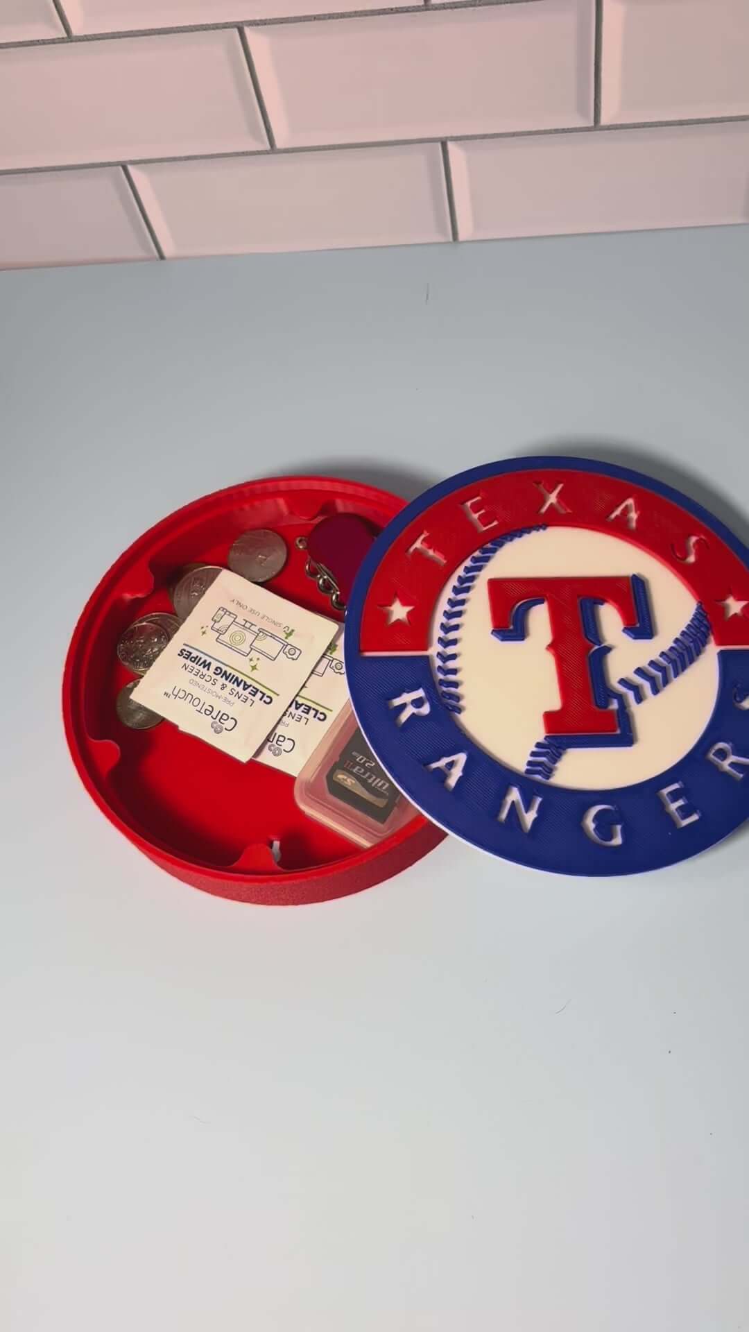 Load video: Texas Rangers 3D logo stash box: Unique MLB Baseball Fan Gift