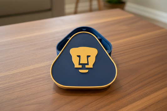 Pumas UNAM 3D printed decorative plaque with blue and gold team crest on desk stand