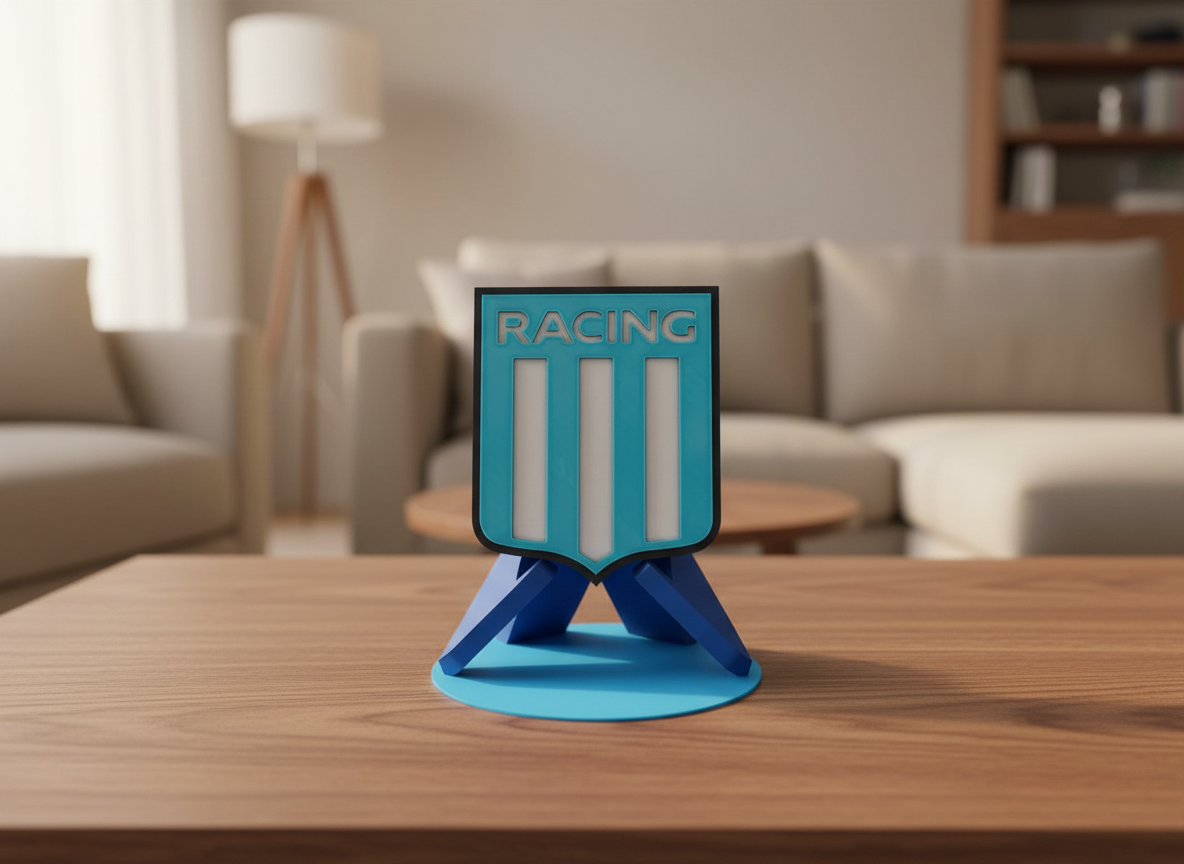 Racing Club 3D printed decorative plaque with team colors and crest on desk stand