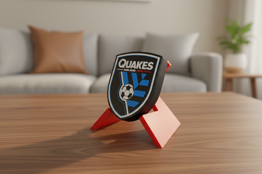 San Jose Earthquakes 3D printed decorative plaque with team crest and colors on desk stand