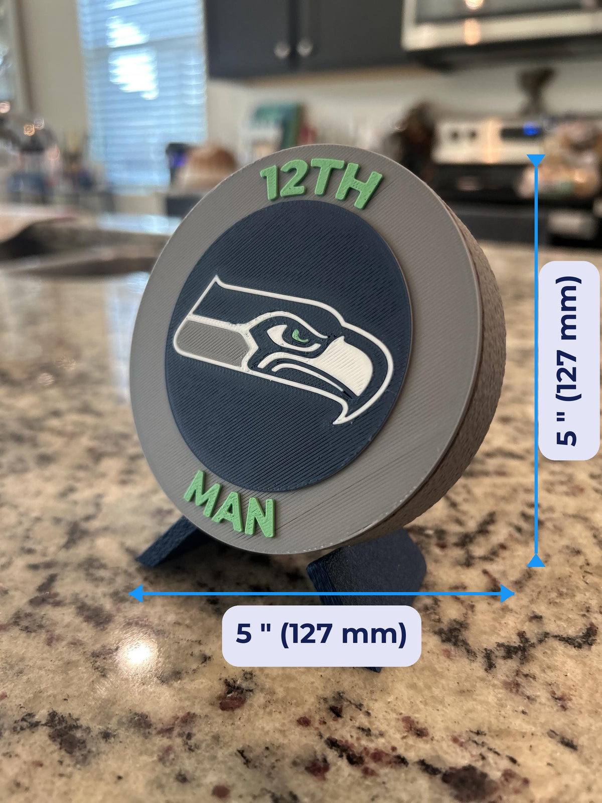 Seattle Seahawks 3D printed display size guide — 5 inch (127 mm) diameter, made in USA
