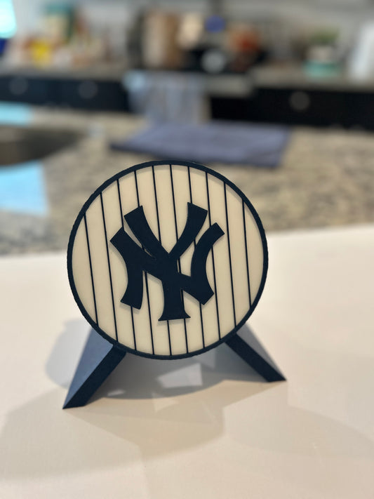 New York Yankees pinstripe 3D decorative plaque with team crest on desk stand hand finished