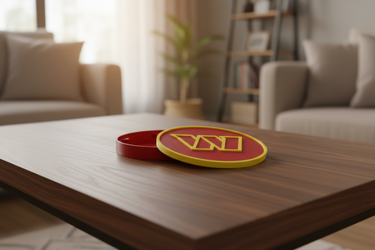 3D printed Washington Commanders logo decorative display in burgundy and gold on desk stand