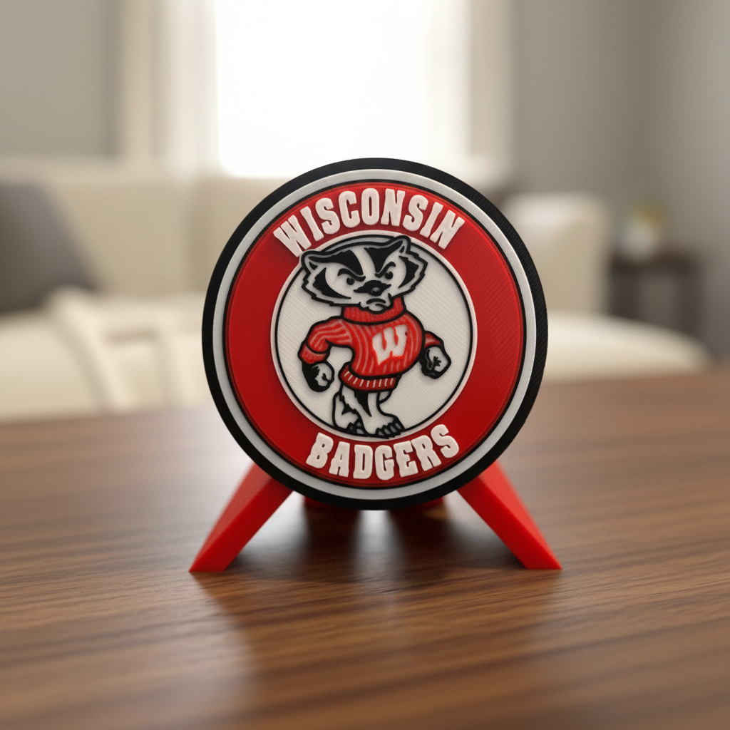 Wisconsin Badgers 3D printed display plaque featuring Bucky Badger mascot in red and white team colors